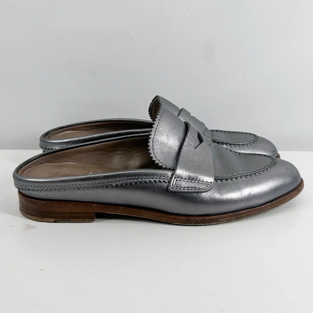 AGL Attilio Giusti Leombruni Silver Metallic Leather Slip On Loafers Size 6